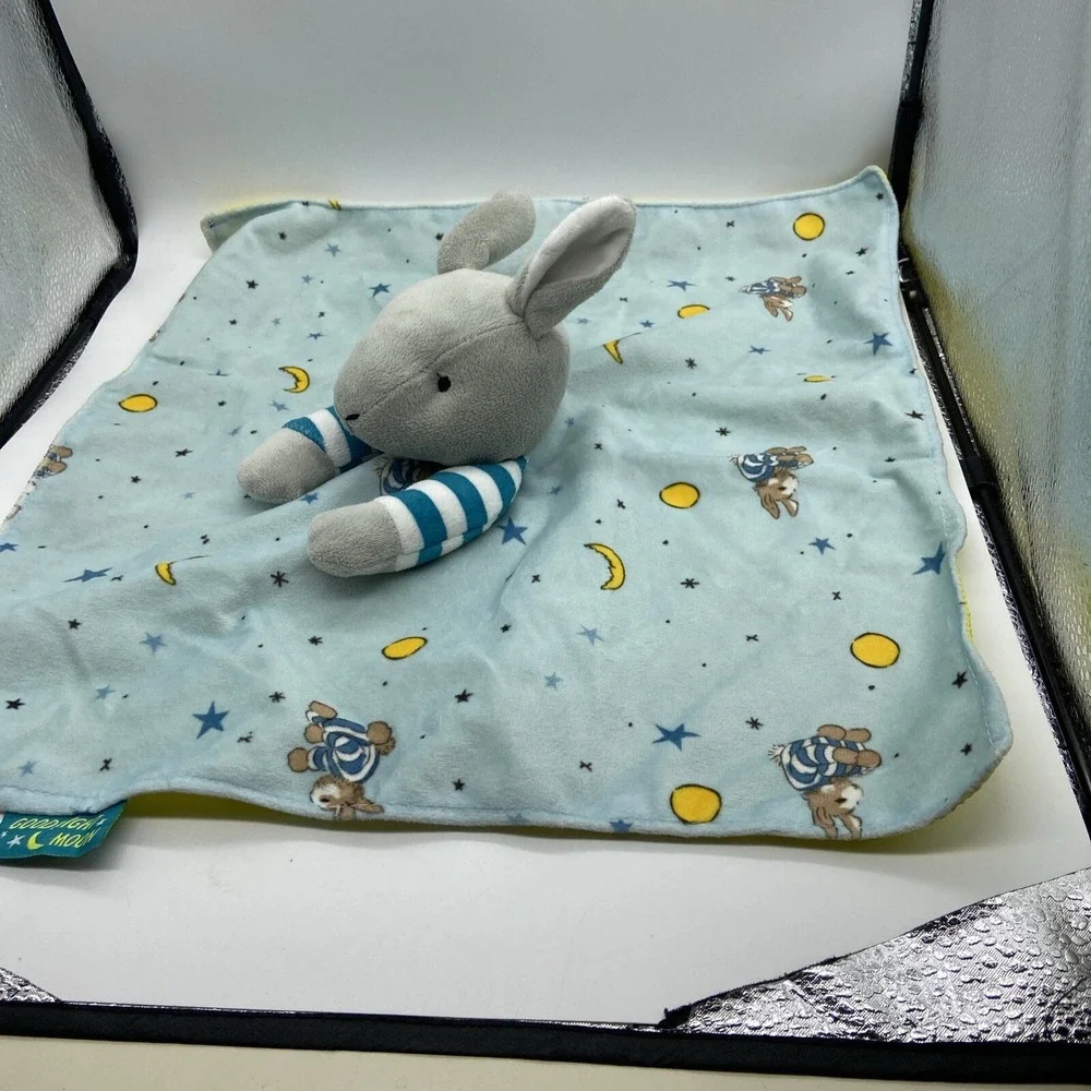 Goodnight‎ Moon Bunny Lovey Security Blanket Blue Yellow Plush Stars Moon Rabbit
